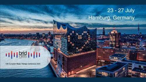 Europäische Musiktherapie Konferenz - Ein Blick aus der Höhe auf die Elbphilharmonie und Hamburg in der Abenddämmerung. Die Fenster der Elbphilharmonie sind herzförmig erleuchtet