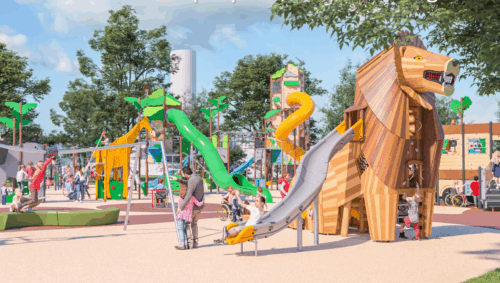 Animation eines Spielplatzes mit Spielgeräten und Kindern, von der Firma Kompan.