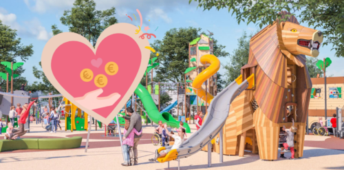 Animation eines Spielplatzes mit Spielgeräten und Kindern, von der Firma Kompan. Icon mit einem Herz und einer Hand, mit Eurostücken darüber, auf der linken Seite.